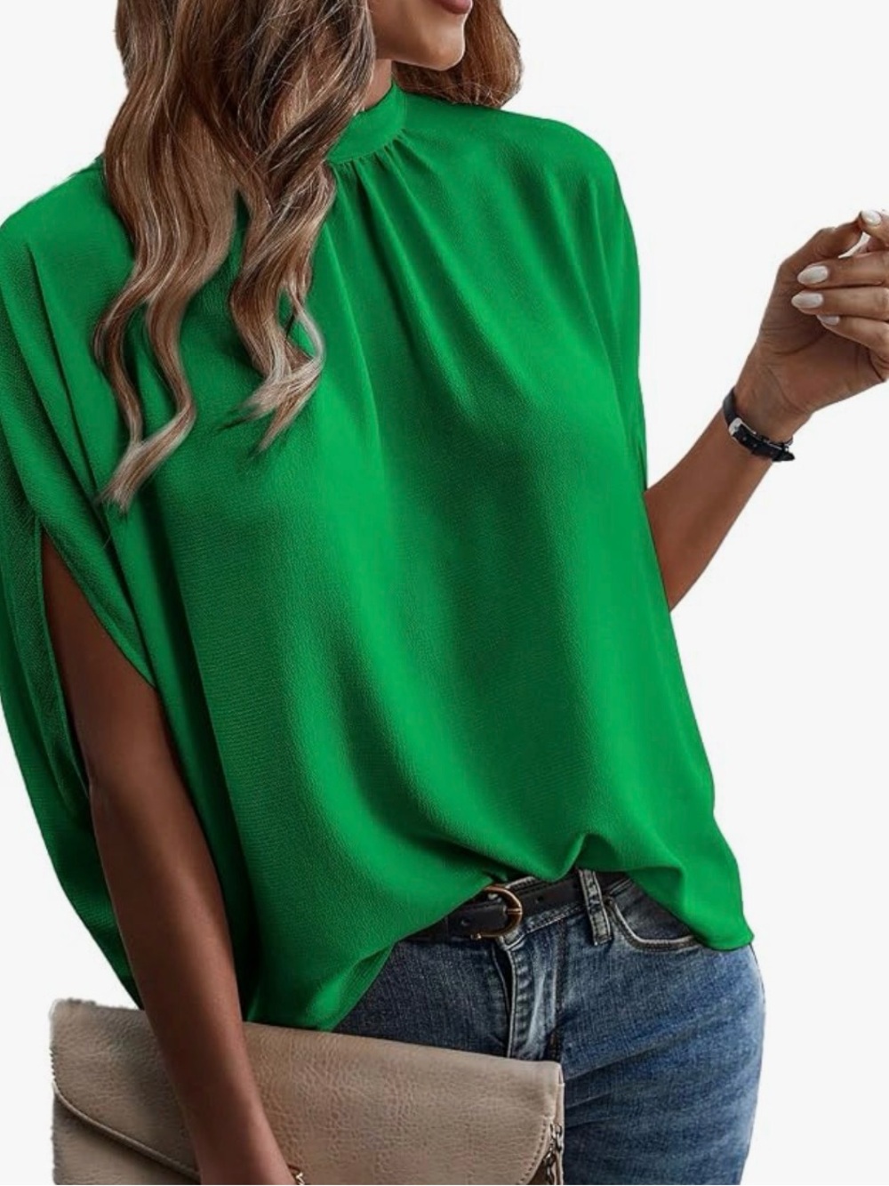 Women's High-Neck Flutter Sleeve Blouse in Emerald Green